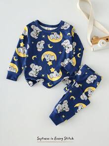 Cozy Pixies Baby Boy Cartoon Animal Print Soft Knit Crew Neck Long Sleeve Top And Elastic Waist Long Pants 2-Piece Snug Fit Pajama Set - Multicolor - View 3