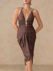 SHEIN Swim Summer Vacation Sexy Deep V Drawstring Backless One-Piece Swimsuit & Sarong Maxi Dress Brown Formal Dress Goddess Dress Brown Sexy Dress - Brown - View 5