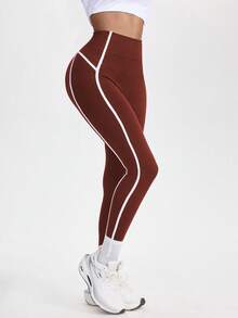 Gameset SHEIN Sport Quần yoga cạp cao phối sọc tương phản, thiết kế ôm sát theo phong cách Âu Mỹ, chất liệu co giãn cao, phù hợp cho yoga, thể dục và mặc thường ngày, thiết thực và thời trang. - Màu Đỏ Sâu - Xem 5