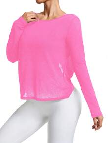 SHEIN Sports 女士纯色简约长袖休闲运动T恤 - 玫紅色 - 查看 6