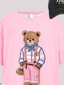 Tween Girls' Casual Cute Elegant Collegiate Style Pink Bear Print Loose Dropped Shoulder Short Sleeve T-Shirt, Suitable For Summer - Multicolor - View 4