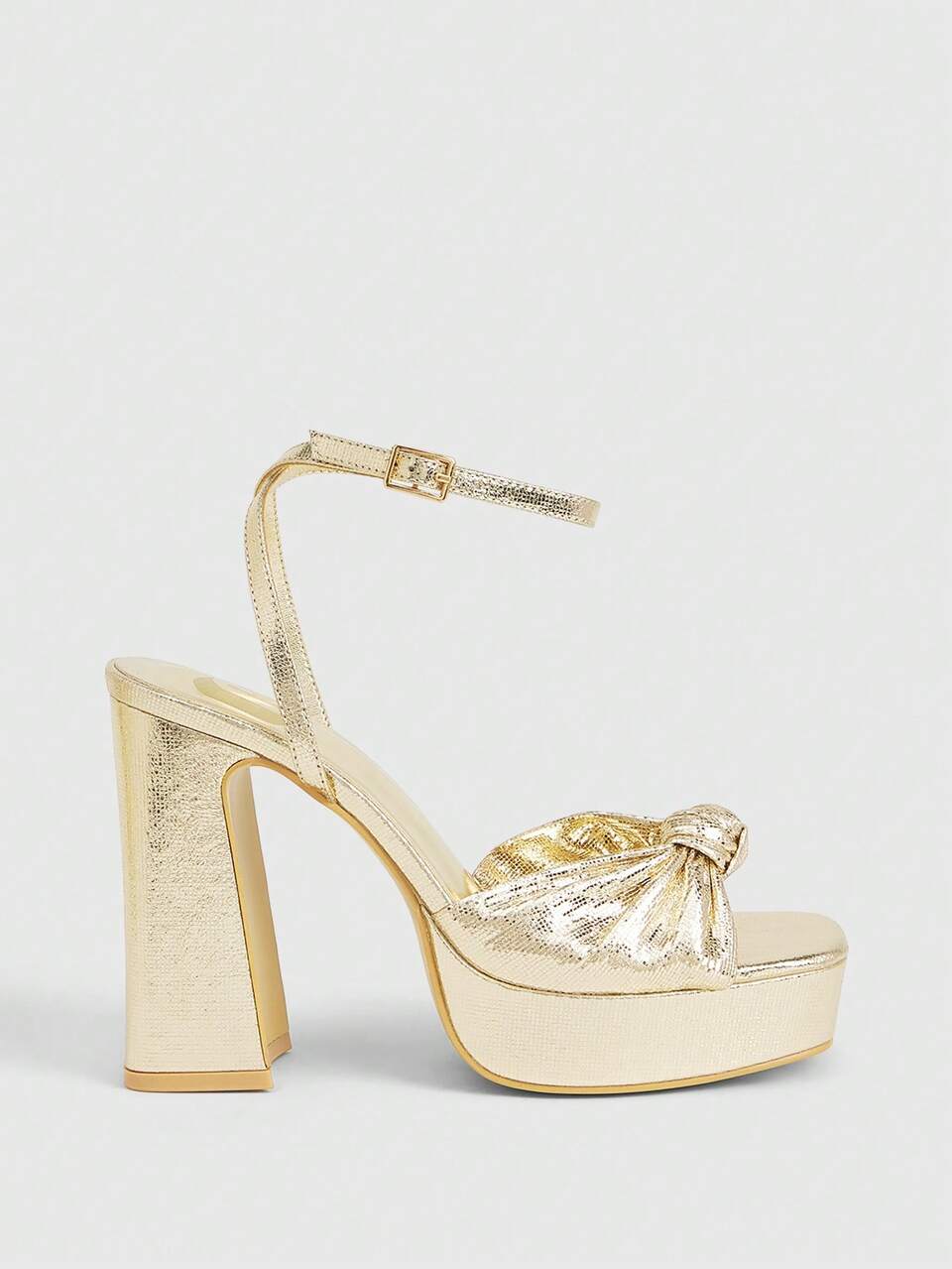CUCCOO LuxiPop Women Shoes Gold Plaid PU Knotted Design Fashionable And Sexy High Thick Heel Water Table Sandals, Suitable For Spring And Summer, Holiday Wear, A Must For Travel, 2000's Style