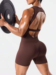 Dewbera Women's Elastic Crew Neck Sleeveless Seamless Backless Jumpsuit, Summer - Coffee Brown - View 7