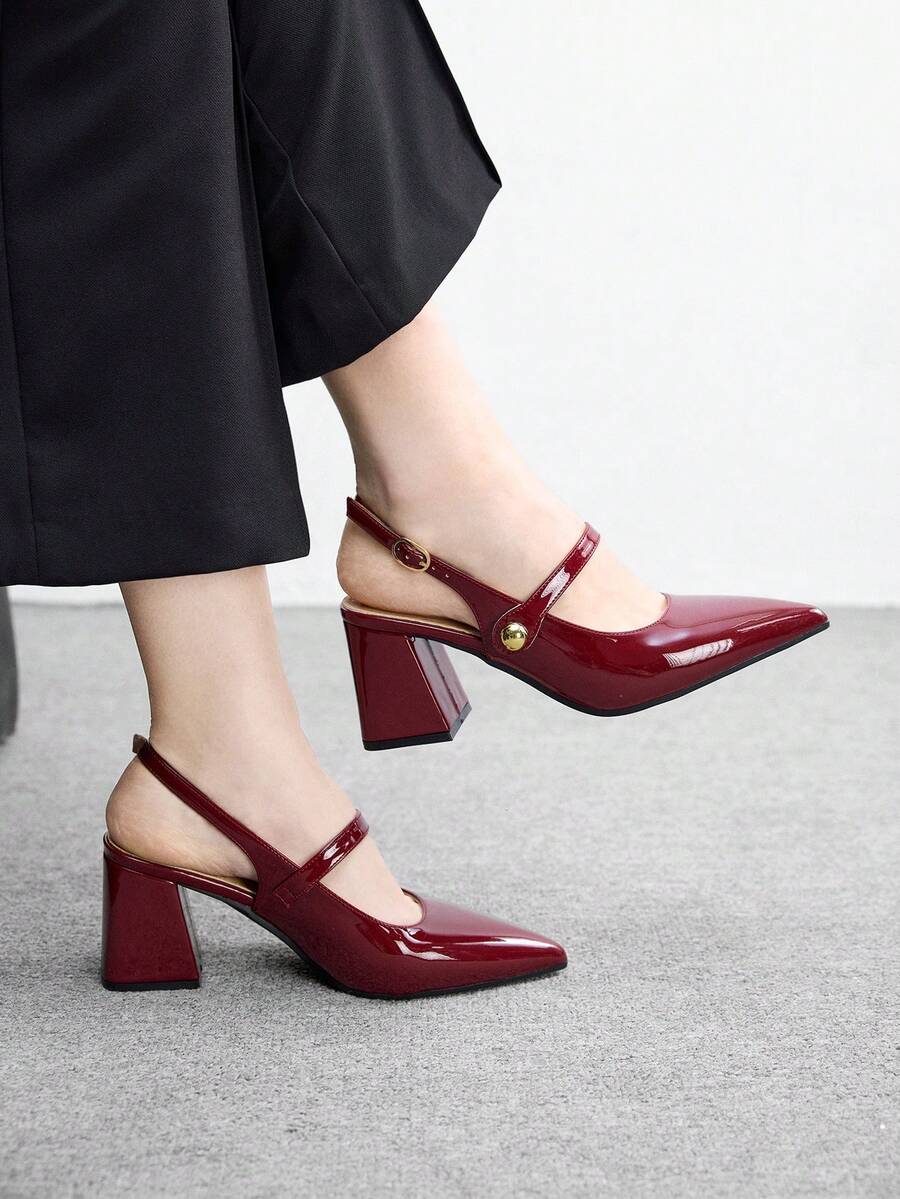 CUCCOO BIZCHIC Women's Fashion High-Heeled Shoes, Buckle Thick Heel Global Four-Season Commute Elegant Foundation Holiday Vacation Office Outdoor Daily Versatile - Burgundy - View 1