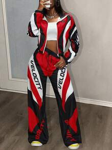 Slaydiva 新款秋冬女装返校套装，休闲商务街头风，复古学院风拉链夹克，短款露脐上衣+直筒裤/阔腿裤，黑黄撞色，复古logo印花，两件套 - 紅色 - 查看 12