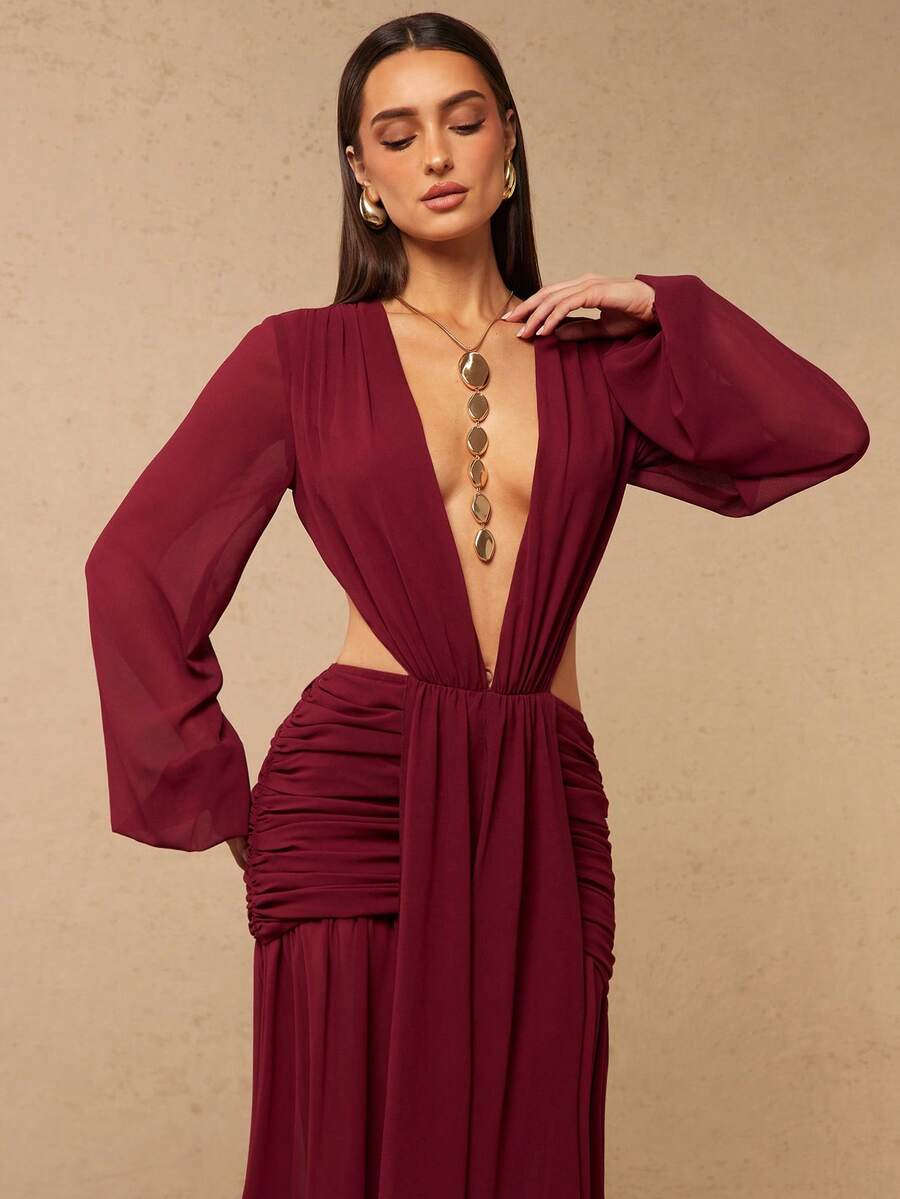 Silquee Women's Sexy Sheer Fabric Tie-Up Ruffle Robe, Fashionable Long Sleeve V-Neck Cutout Maxi Robe, Summer Party Banquet Gown - Red - View 1
