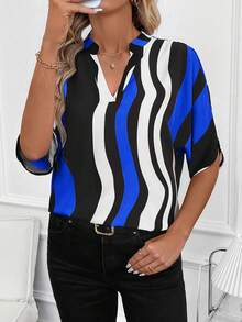 SHEIN Clasi Áo kiểu trễ vai in họa tiết hình học dành cho nữ, trang phục công sở lý tưởng cho ngày Valentine. - Màu xanh lam - Xem 4