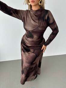 Auralis Plus Size Elegant Tie Dye Waist Cinched Long Sleeve Dress, Autumn Long Sleeve Elegant Dress Brown Elegant Dress Women Assymetrical Dress For Women Wedding Dress For Women - Brown - View 4