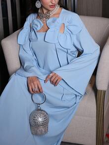 Yasmyna 女士春夏蓝色梭织方领长袖花卉系带A字优雅浪漫土耳其长裙及阿拉伯传统罩袍 - 藍色 - 查看 3