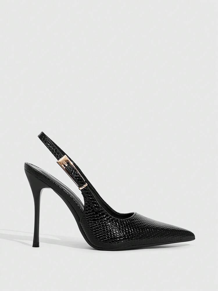 CUCCOO SZL Women's Black Pointed Toe High Heels With Faux Snake Skin Metallic Buckle Decor