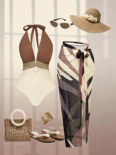 Swim Oasis 2026 New Plus Size One-Piece V-Neck Color Block Tankini Swimsuit With Skirt, 2pcs Set