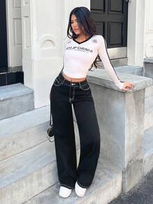 SHEIN PETITE Quần jeans nữ đơn sắc tối giản mặc hàng ngày - màu đen - Xem 9