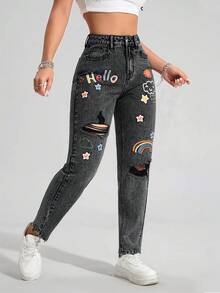 SHEIN ICON 大码做旧百搭休闲彩色印花牛仔裤 - 黑色 - 查看 4