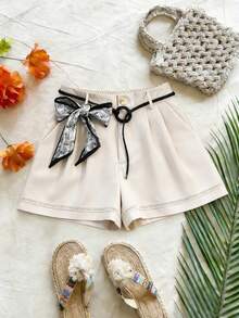 SHEIN ChicEase Women's Elegant Summer Shorts In All Shades Of Brown,City Break Mid-Rise Wide-Leg A-Line Paper Bag Shorts With Woven Rope Belt And Scarf Decoration - Apricot - View 8
