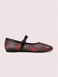 CUCCOO DOLLMOD Women's Shoes Mesh Embroidery Decorative Flat Bottom Mary Jane - Rouge Casaque - View 9