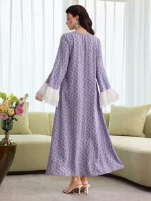 Yasmyna Women's Elegant Purple Woven Floral Print Arabic Maxi Dress, V Neck Lace Trim Turkish Long Dress With Flared Extra-Long Embroidered Sleeves - Purple - View 2