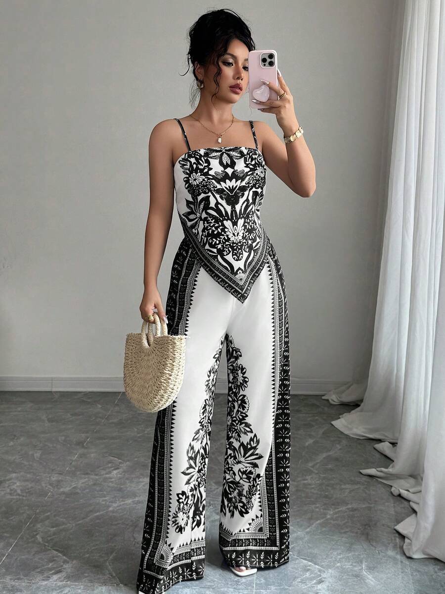 Elenzga Set de 2 piese pentru femei, elegant, la modă, pentru navetiști, casual, confortabil, pentru festivaluri de muzică, vacanță, boem, fără mâneci, camisol, fără spate, cu cravată, bluză și pantaloni cu picior larg imprimat - Alb-negru - Vizualizare 1