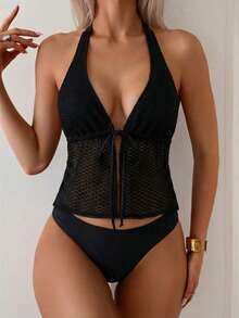 Swim Chiccia Women's Solid Color Casual Bikini Two Pieces Bikini Set Set - Black - View 3