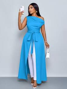 SOLERSUN Women's Plus Size Asymmetrical Neck Blouse Split Thigh Tie Front One Shoulder Shirts - Teal Blue - View 3