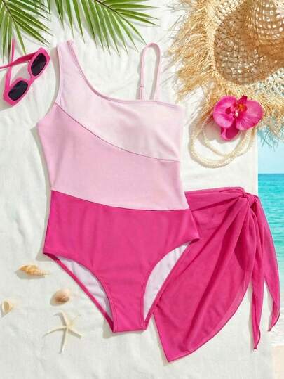 SHEIN 两件套女童不对称领口撞色镂空连体泳衣带裙，可爱蝴蝶结印花沙滩装，肩带设计，荷叶边裙摆，适合游泳、度假、夏季沙滩穿着，儿童泳衣套装，夏季假期