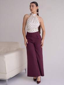 Andrea Bello Beige And Black Polka Dot Satin Tie-Neck Top With High Collar And Open Back – Vintage Elegant Court Style, Date, Party, Y2K, Festive & Birthday Wear Polka Dot Top Tie Tops White Polka Dot Top Polkadot Top Halter Neck Top,Halloween Costumes,Vacation Outfits Women,2000s Clothes - Apricot - View 6