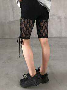 FRIFUL Quần legging nữ màu trơn, viền ren, thắt nơ ở eo, thích hợp cho mùa hè. - màu đen - Xem 5