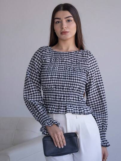 Andrea Bello 黑白格子褶皱设计修身长袖女式上衣