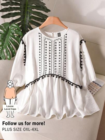 CosyJoli Plus Size Women's Embroidered Blouse, Casual Ladies Apparel, Spring/Summer Resort Wear White Boho Top Cute Modest Tops Women Tops Cotton Summer Tops Modest Spring Casual Vacation Blouse For Women Plus Size Boho Top Tassels Top White Embroidered Top