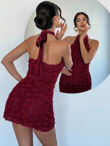 Firerie 女士优雅精致浪漫情人节3D花朵蝴蝶结装饰修身迷你连衣裙，适合情人节和夏季穿着 - 酒紅色 - 查看 3