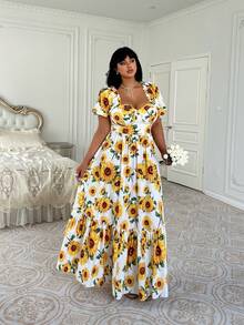 Lyrianda Modest Plus Size Sunflower Print Dress, Suitable For Spring/Summer Vacation - Multicolor - View 6