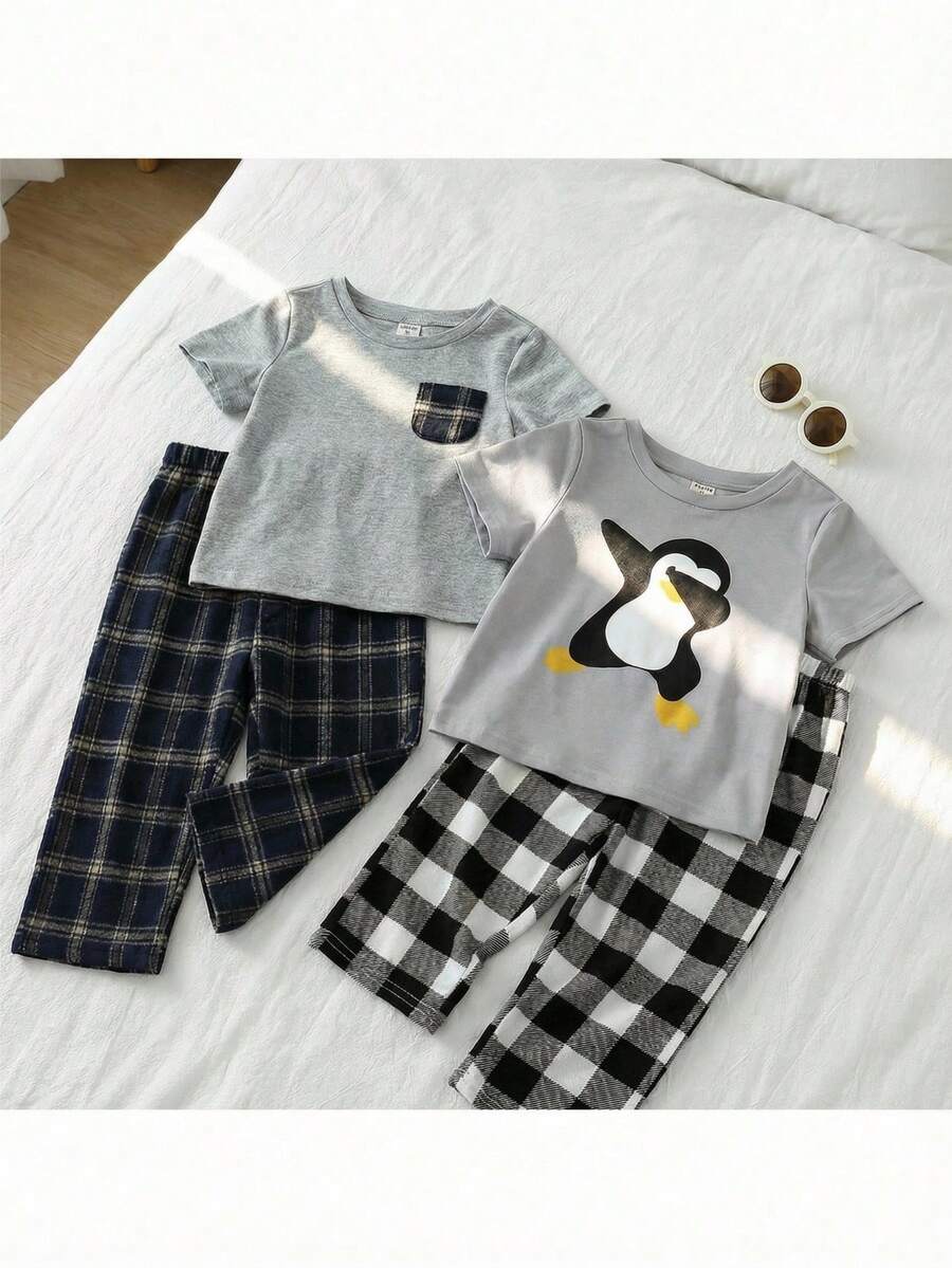 Loomiva 4er Set für Baby Jungen: Dekorierte Tasche, Rundhals Kurzarmoberteil und Hose mit Gummibund - Verschiedenfarbig - Übersicht 1
