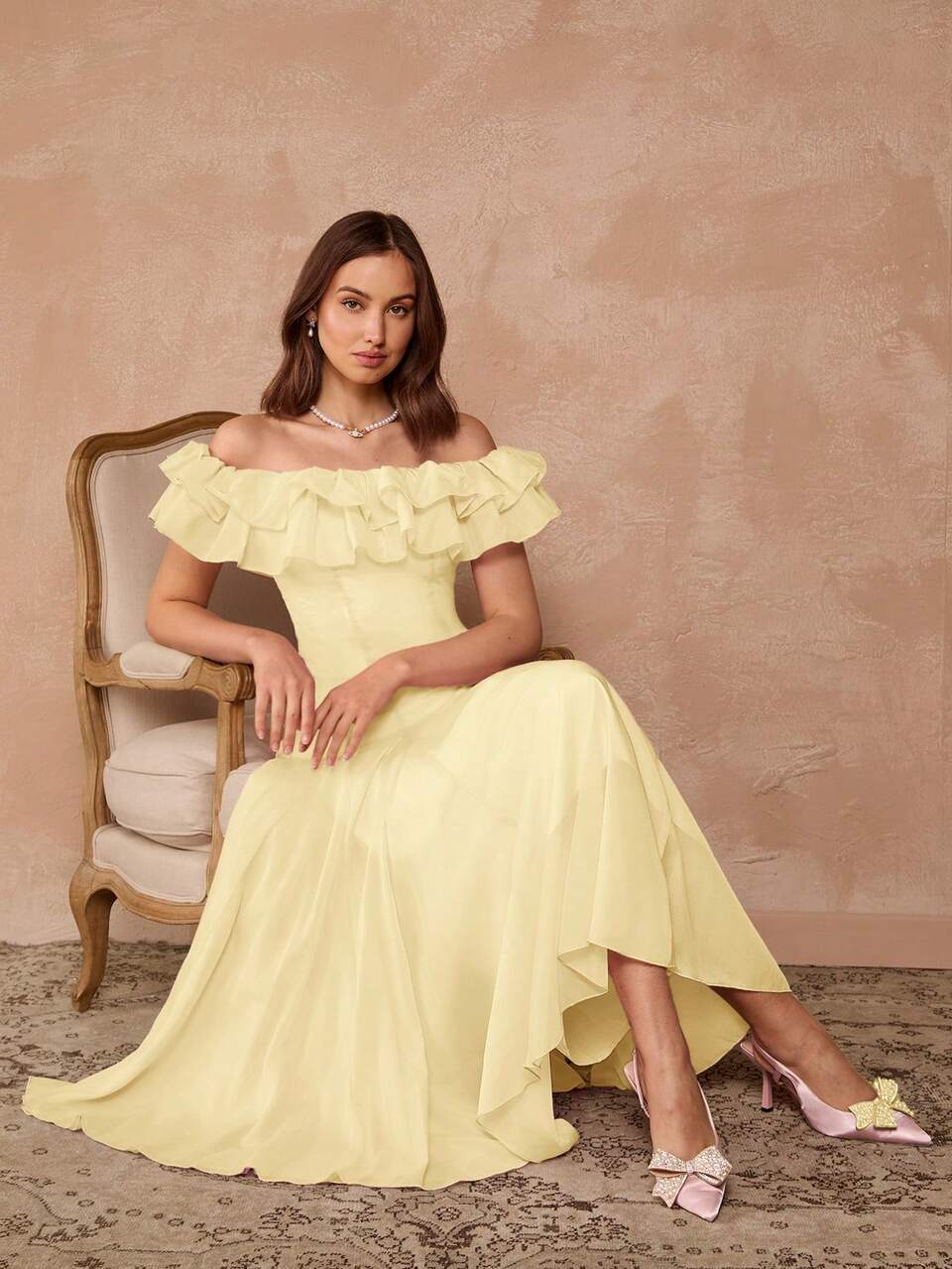 Enchnt Women's Off-Shoulder Ruffle Hem Mid-Length Dress,Pale Yellow Summer Elegant Wedding Bridal,French Style Sweet Bridal Shower Party Dresses