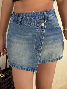 DAZY 女士低腰裹身式短款牛仔裙，优雅 - 中等水洗藍 - 查看 1