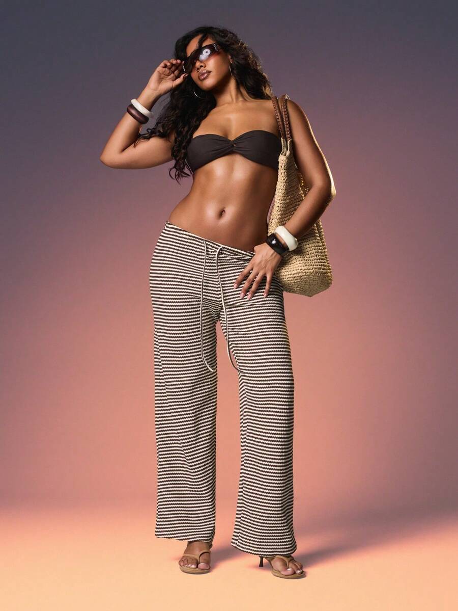 MISSGUIDED Women Crochet Knit Wide Leg Palazzo Pants Horizontal Striped High Waisted Casual Loose Fit Drawstring Trousers Summer Vacation Beach - Multicolor - View 1