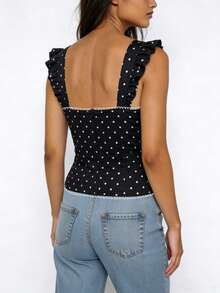 大码女式波点单排扣露脐背心 - 黑色 - 查看 2