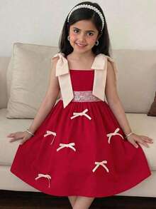 SHEIN Vestido de niña con contraste de color y lazo tejido - Blanco - Ver 11