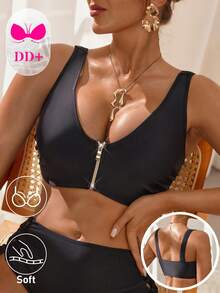Swim DD+ 2026 Summer NEW Women's Solid Color Zipper Bikini Top, Summer Beach DD+ Bikini Sets Beach Vacation, Pool Party, Beach PartyBeach Outfits, Music Festival Outfits, Vacation Outfits, Seaside Dates, Holiday Outfits, Sexy, Elegant, Casual Outfits, Beach Party Outfits, Pool Party Outfits Swim Tops For Women Swimwear Tops For Woman Top With Built In Bra Bathing Suits For Women Push Up Bra Women Sexy Tops - Black - View 3