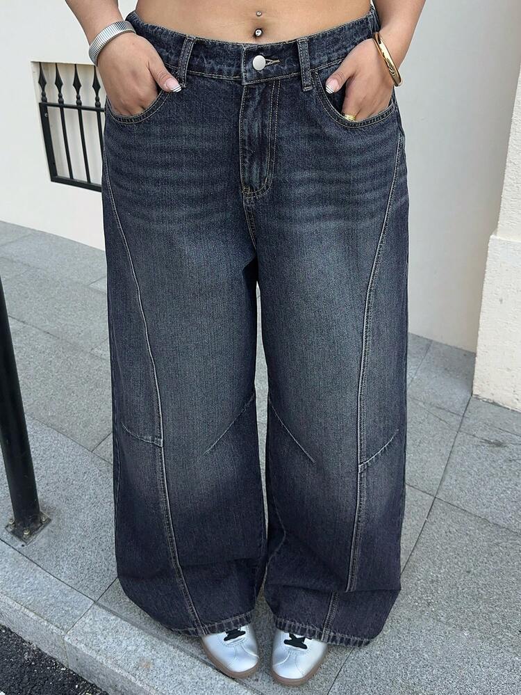 Dazy Plus Plus Size Women Distressed Barrel Leg Jeans, Vintage Washed Faded Dark Blue Loose Fit Denim Pants With Seam Detail, Streetwear Style - Dark Wash - View 7