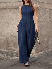 Selenza Bộ jumpsuit denim không tay hở lưng, thời trang thường ngày dành cho nữ cỡ lớn - Màu xanh lam - Xem 6