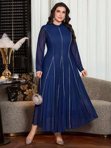 Modelyn 春夏休闲优雅收腰修身A字网纱拼接纹理大码女装连衣裙 - 藍色 - 查看 4