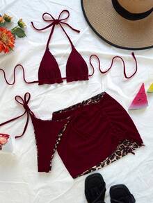 Soleia Conjunto de 3 piezas de bikini de talla grande para mujer con estampado de leopardo y contraste rojo - Burdeos - Ver 5