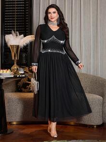 Modelyn Plus Size Women's Shiny Pearl & Rhinestone Embellished Elegant Waist Cinched Soft & Comfortable Long Sleeve Dress, Suitable For Formal Events - Black - View 7