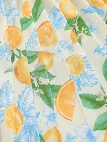 SHEIN Vintaside Kids Đầm không tay kiểu dáng thường ngày cho bé gái, họa tiết trái cây nhiệt đới, trang trí cầu kỳ, mẫu mới xuân/hè. - màu xanh lá - Xem 3