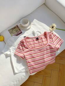 SHEIN EZwear 2pcs Women Summer Casual Commuting Contrast Stripe & White Scoop Neck Short Sleeve T-Shirt - Multicolor - View 4