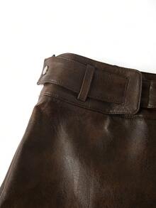 Ellevyn Decorative Button Solid Color Fitted Stylish A-Line PU Mini Skirt - Brown - View 4