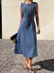 DAZY Đầm denim không tay, kiểu đầm thanh lịch Pháp dành cho nữ, mùa hè. - Màu xanh lam - Xem 5