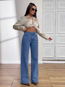 EURMUSE HIGH WAIST STRAIGHT JEAN PANT STYLE CASUAL - Blue - View 3