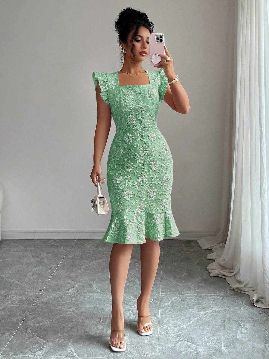 Elenzga Đầm công sở Jacquard thanh lịch cho mùa hè - Xanh nhạt - Xem 1