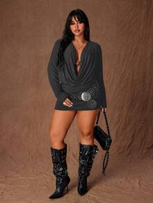 Rustia Sexy Plunging Neck Long Sleeve Stretchy Bodycon Plus Size Dress - Dark Grey - View 5