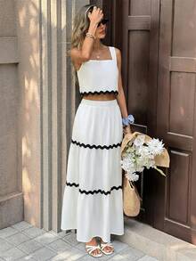 Pariaura Elegant Black And White Contrast Wave Ribbon Two Pieces Set,Square Neck Cami & Tiered Maxi Skirt,Summer Holiday Tea Party Chic Slim-Fit Vintage Set - White - View 5